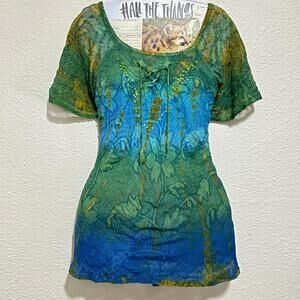 Advance Apparels Fairycore 100% Rayon Blue Green Tie-Dye Boho Beaded Flowy Top